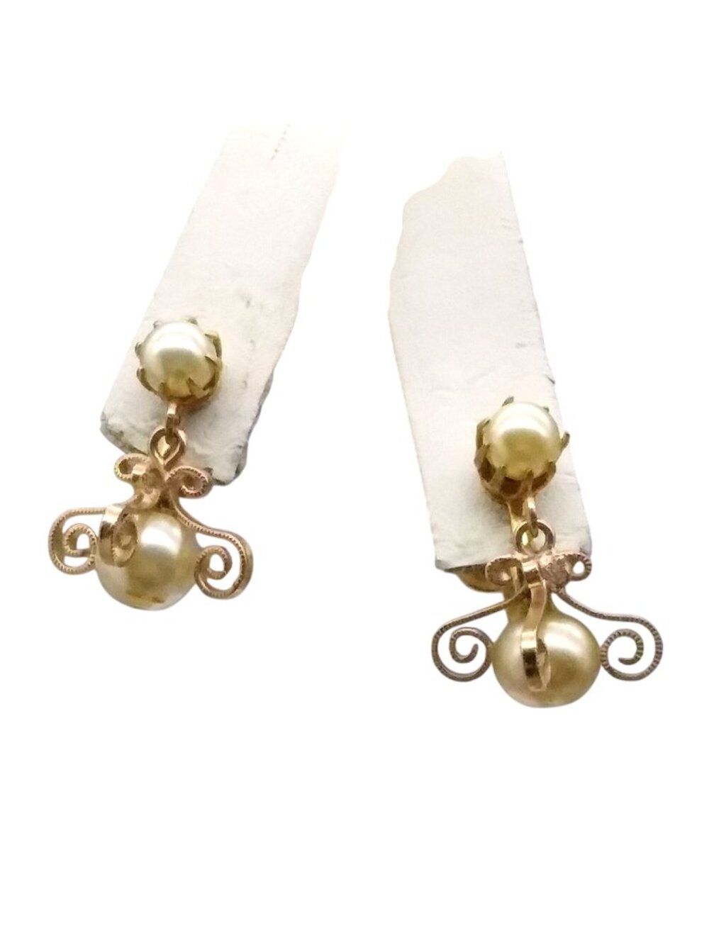 Elegant Pearl Filigree Earrings, White Faux Bead with Filigree Prong Set Drop